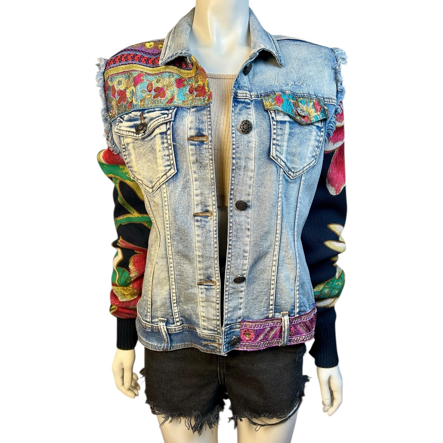 Chaqueta Denim Patchwork con Mangas Bordadas – by DESIGUAL