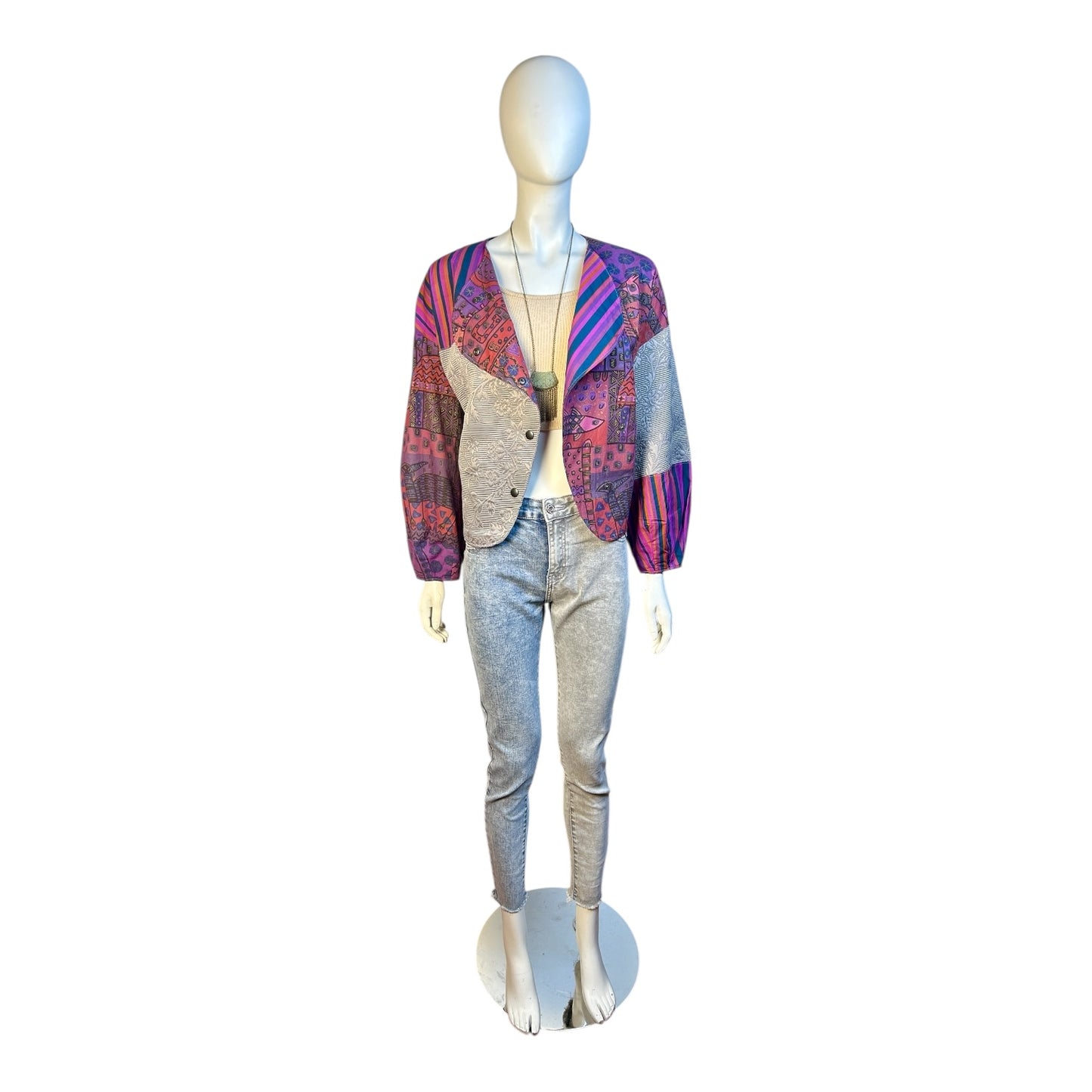 Chaqueta Multiforma Patchwork en Tonos Fucsia y Gris