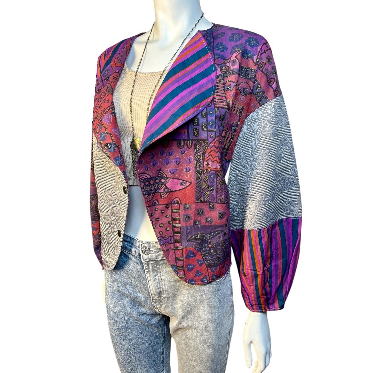 Chaqueta Multiforma Patchwork en Tonos Fucsia y Gris