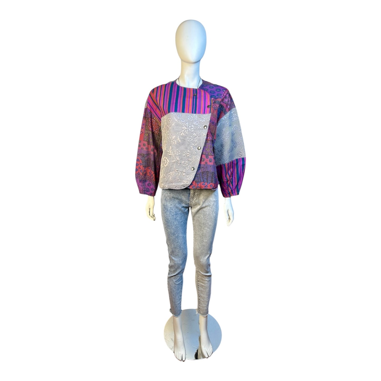 Chaqueta Multiforma Patchwork en Tonos Fucsia y Gris