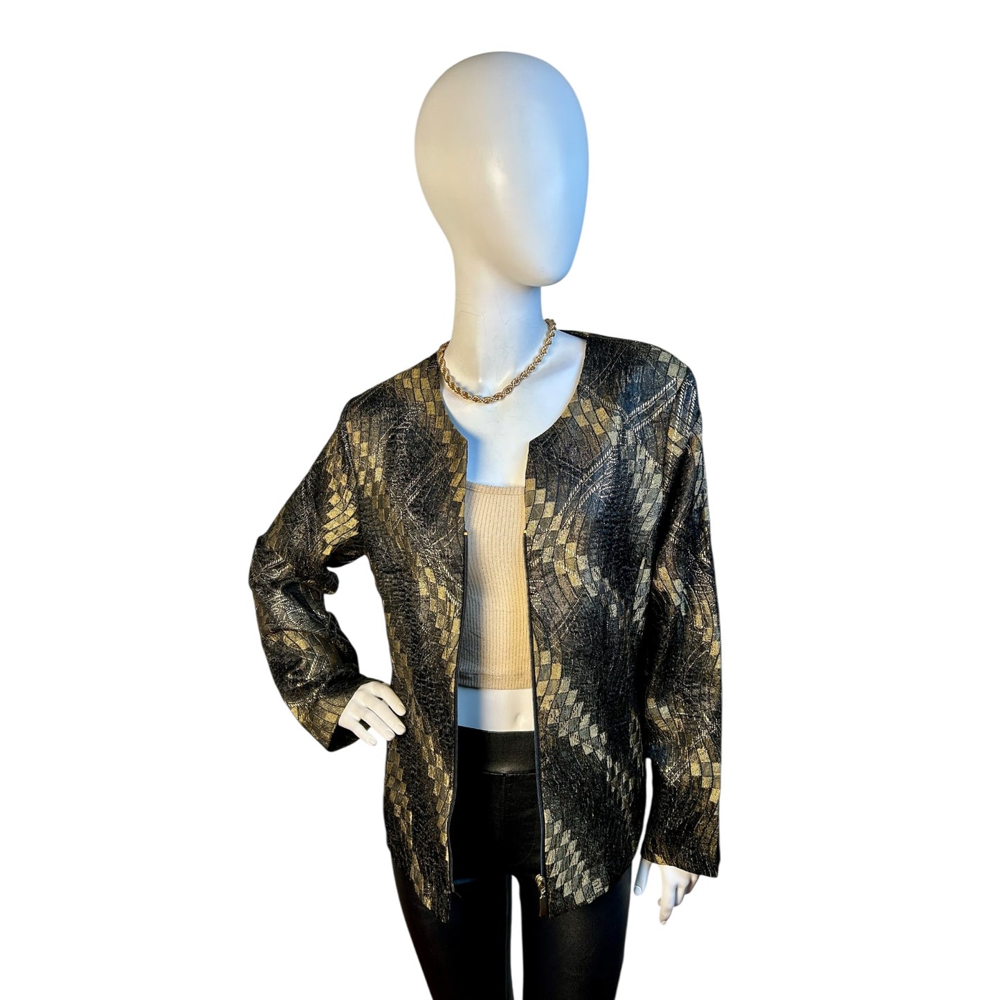 Chaqueta Metálica Negro y Dorado con Cremallera Frontal - Luna Indomita