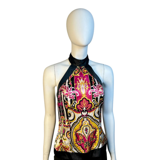 Polera 100% seda Halter Estampada en Tonos Dorados, Fucsias y Negros