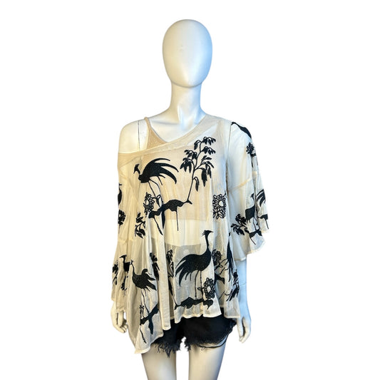 Blusa Oversize con Estampado Oriental de Grullas