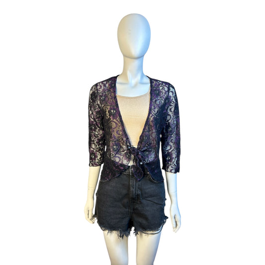 Cárdigan Corto de Encaje con Reflejos Púrpura