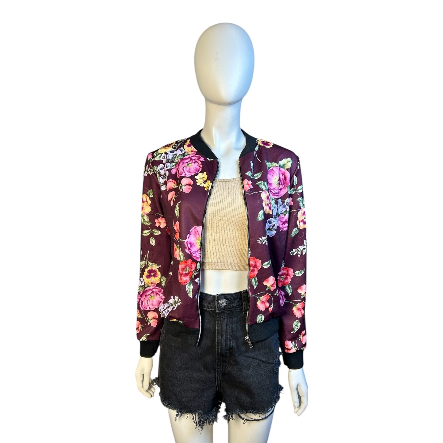 Bomber Floral en Fondo Borgoña