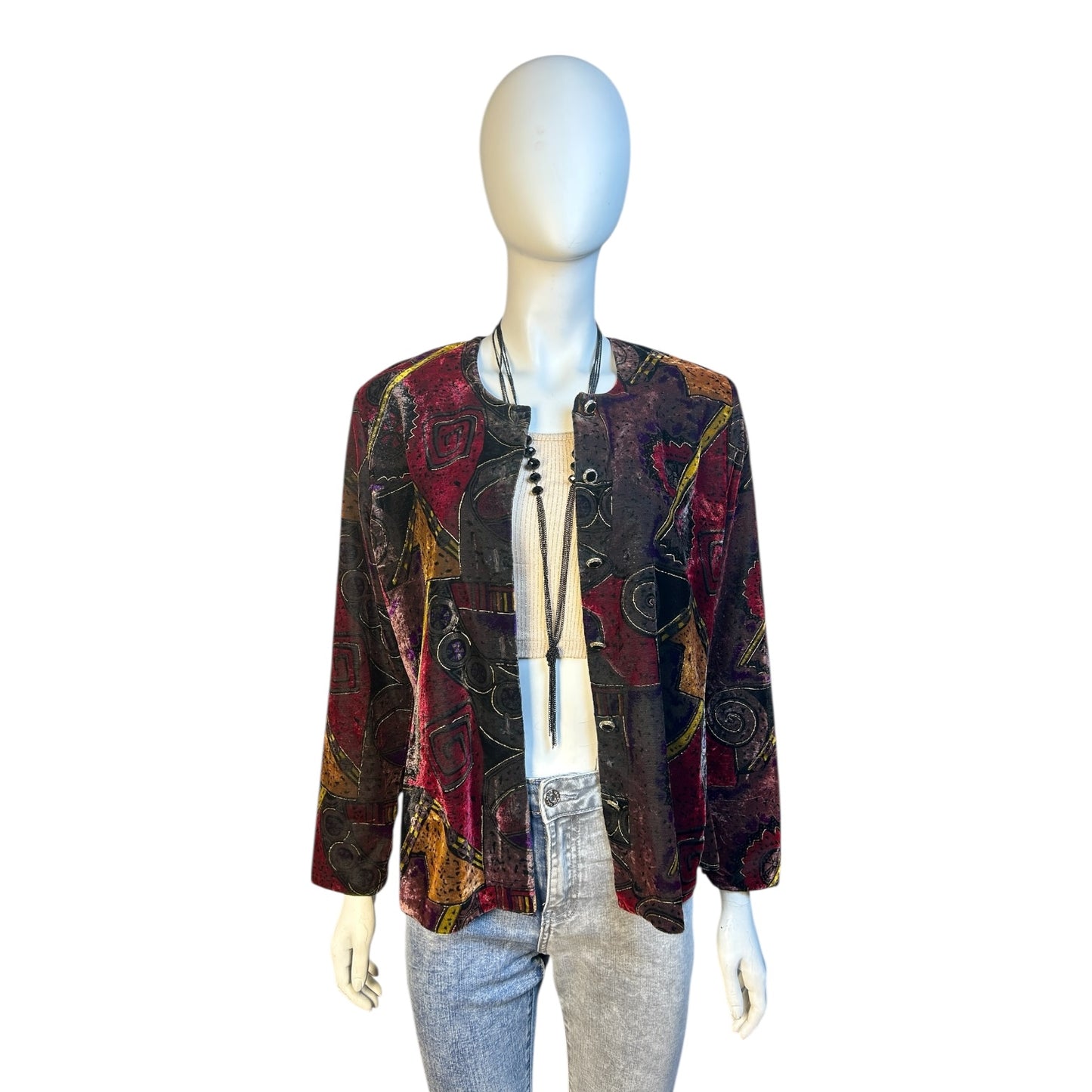 Chaqueta Aterciopelada con Estampado Abstracto Étnico