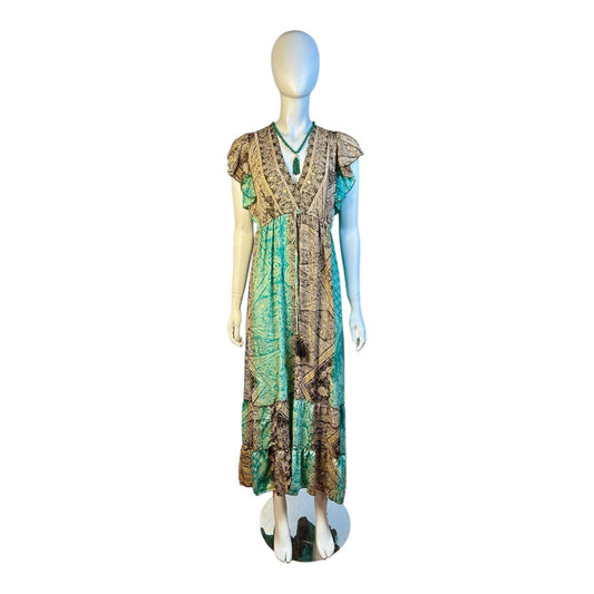 Vestido Largo Boho con Estampado Tribal en Verde y Beige