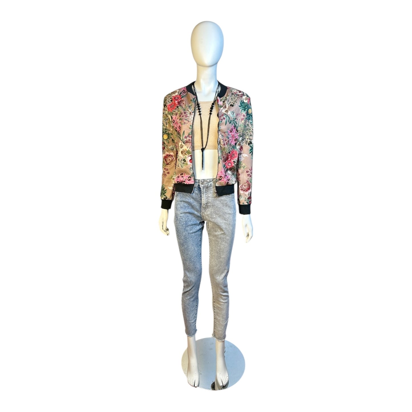 Bomber Satinada con Estampado Floral Oriental