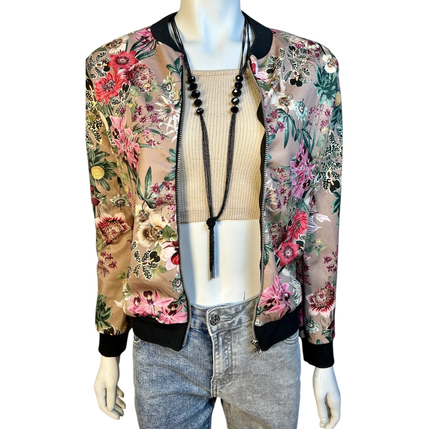Bomber Satinada con Estampado Floral Oriental