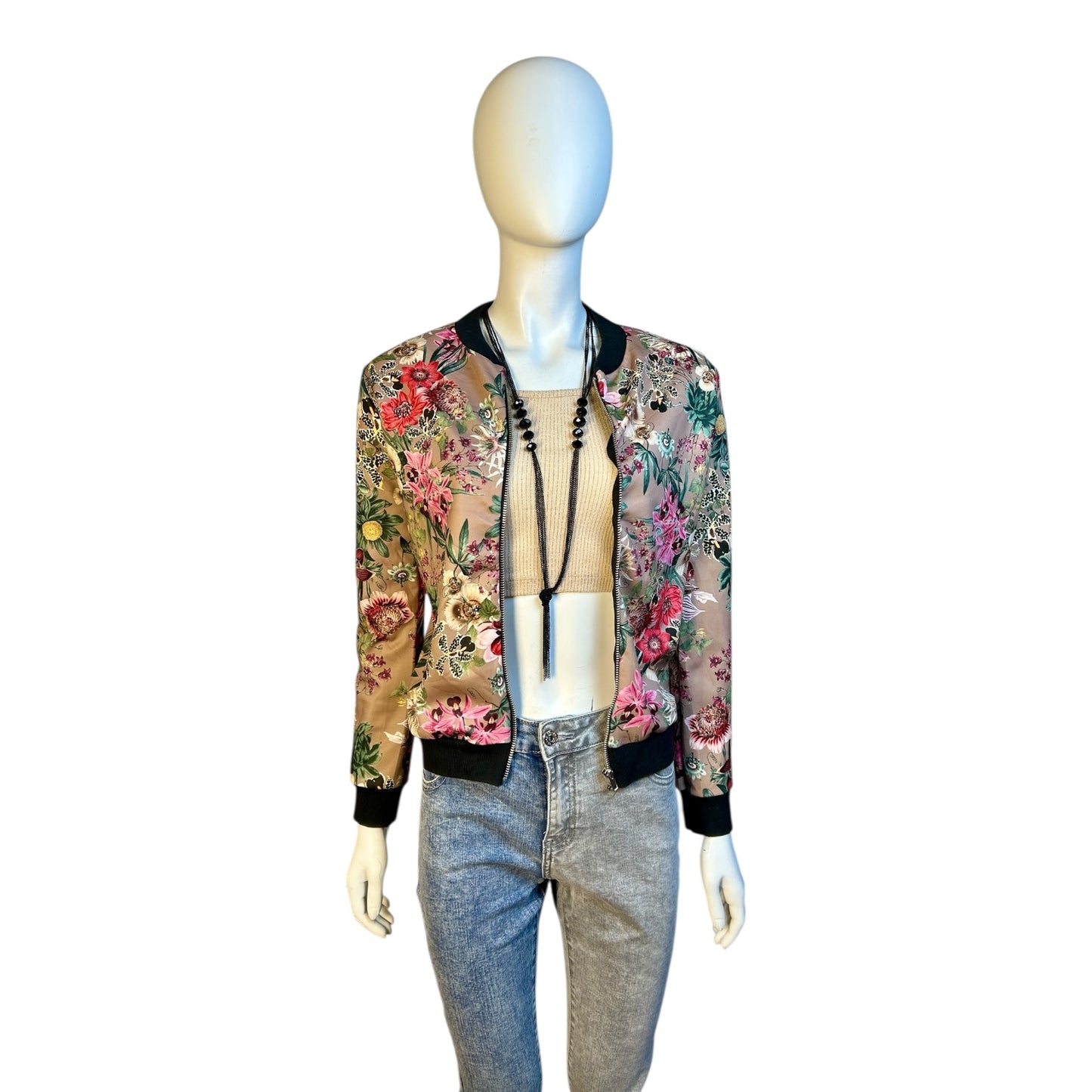 Bomber Satinada con Estampado Floral Oriental
