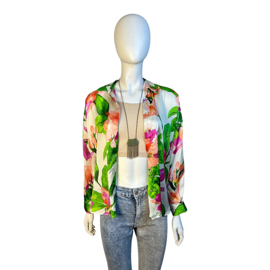 Blusa Floral en Seda con Fondo Marfil